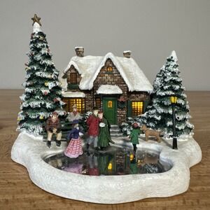Thomas Kinkade Light Up Village Skater's Pond with House Teleflora 2004 Xmas